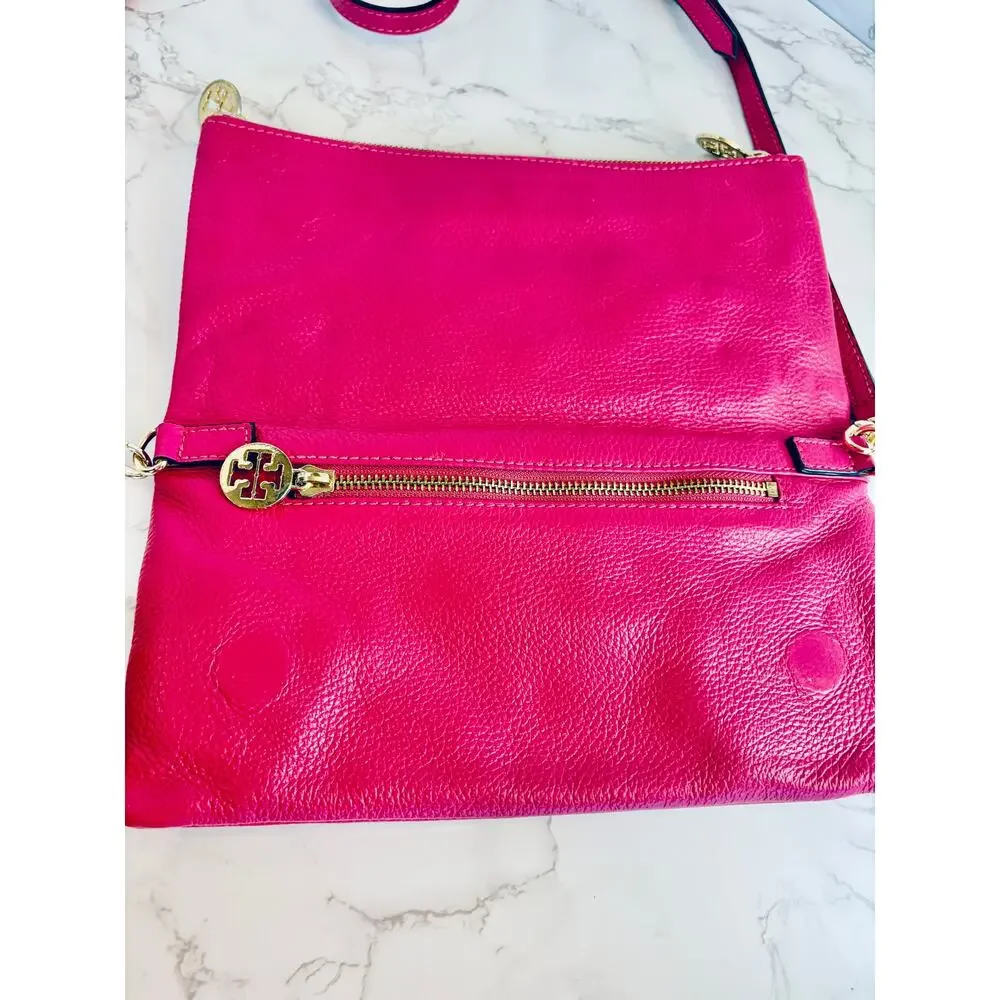 TORY BURCH Amanda Foldover Clutch Crossbody w/Pink Leather w/Golden Accents, EUC